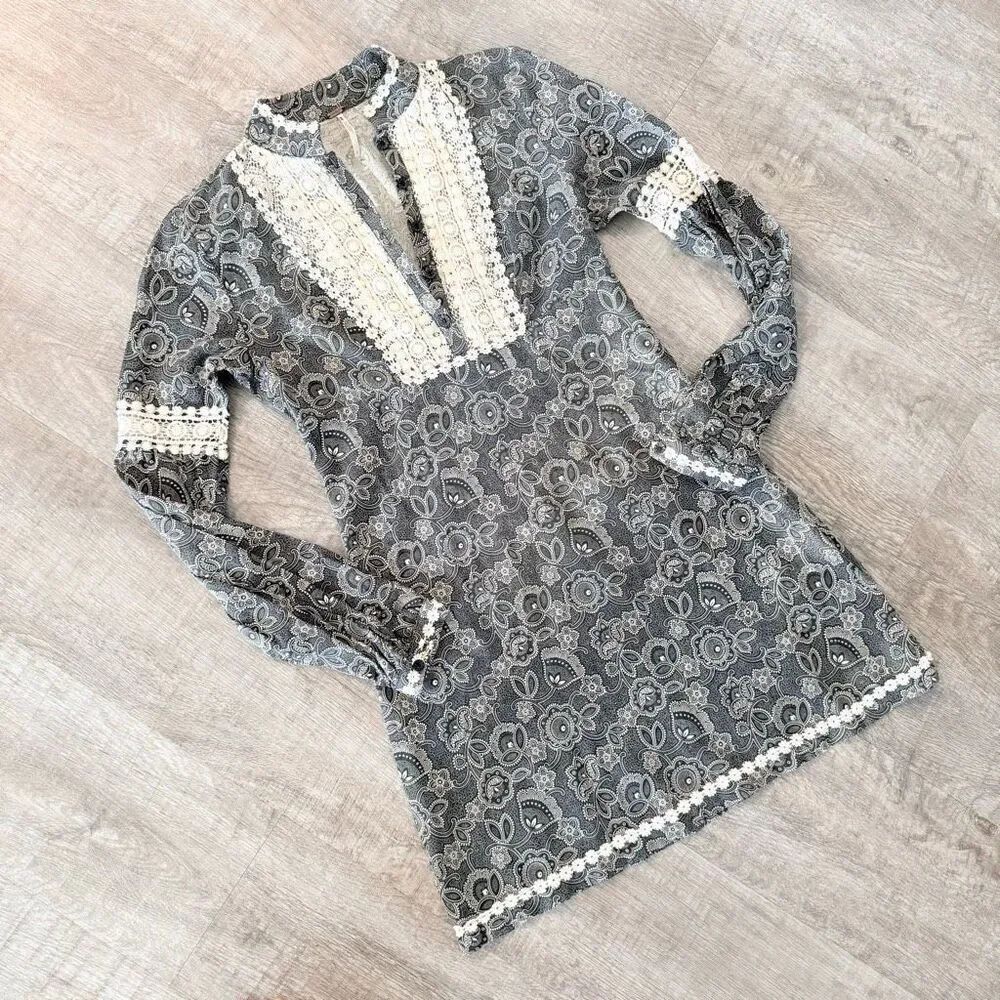 Free People Black Floral Paisley Shift Mini Dress Tunic XS 0